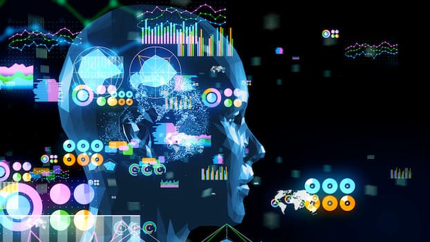 A visualization of a digitized face overlaid with data, representing machine learning in data management